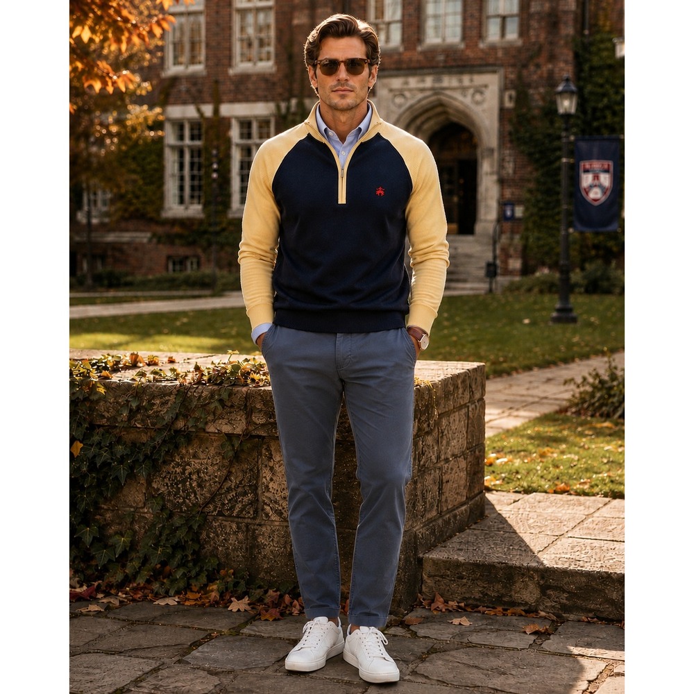 Brooks Brothers 1/4 Zip Sweatshirt XXL Navy Yellow Supima Cotton Pullover